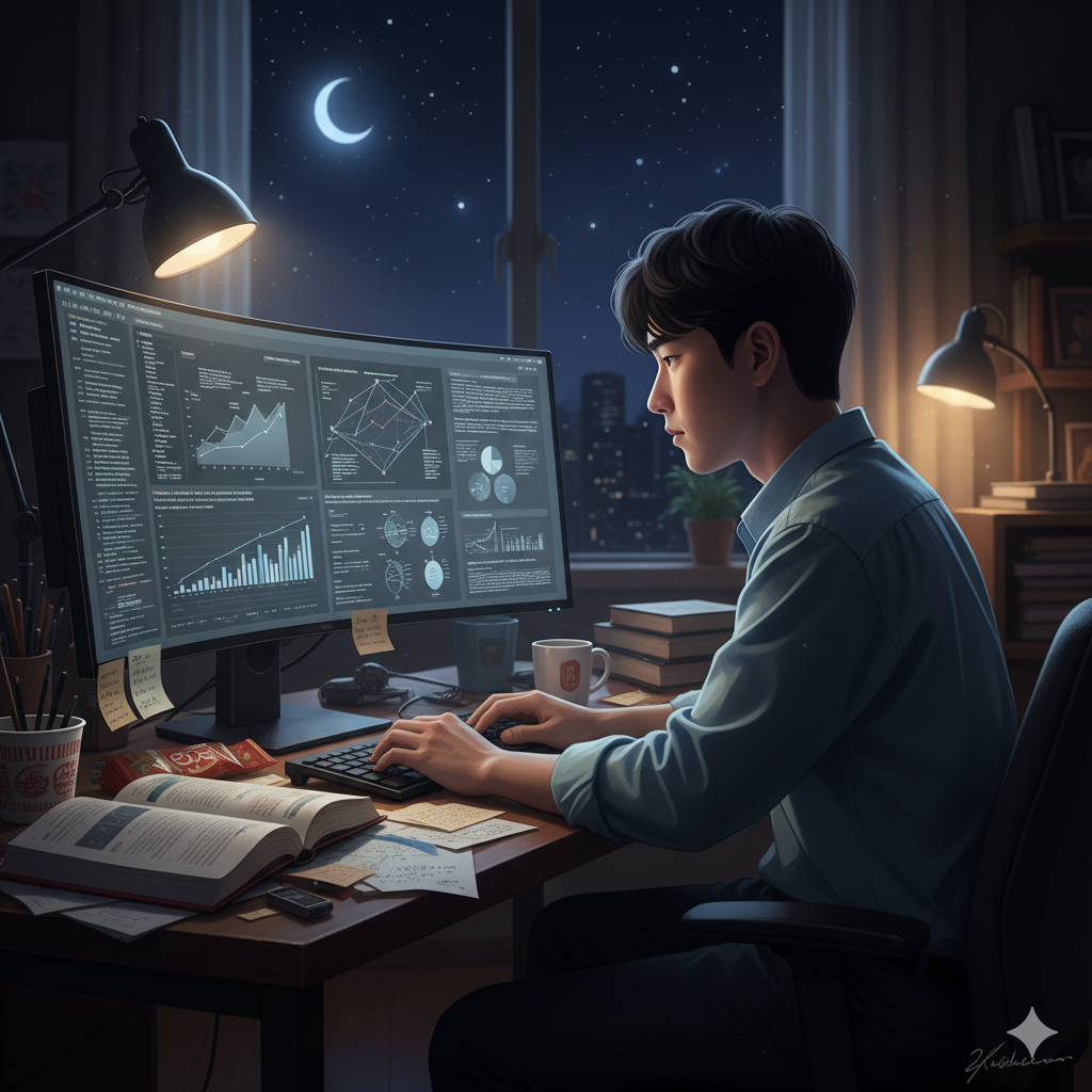[그림3] 일주일 만에 500회 돌린 토픽 모델링 (Image generated with Gemini 2.5 Flash Image)
